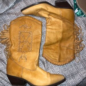 Fringed Western Leather Boots - Tan